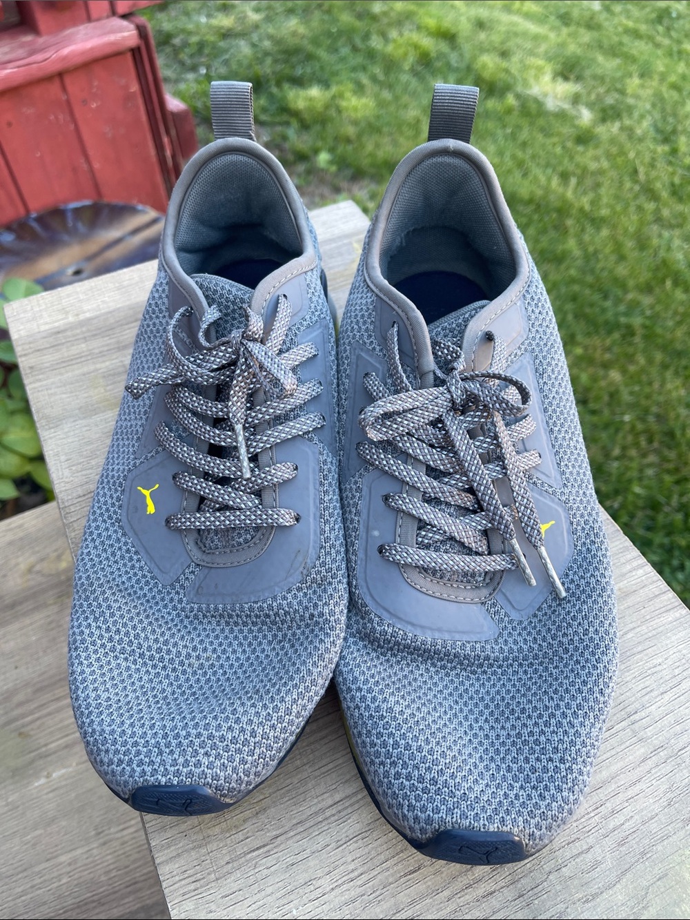 Puma Men's Light Gray Mesh Sneakers with Yellow Logo